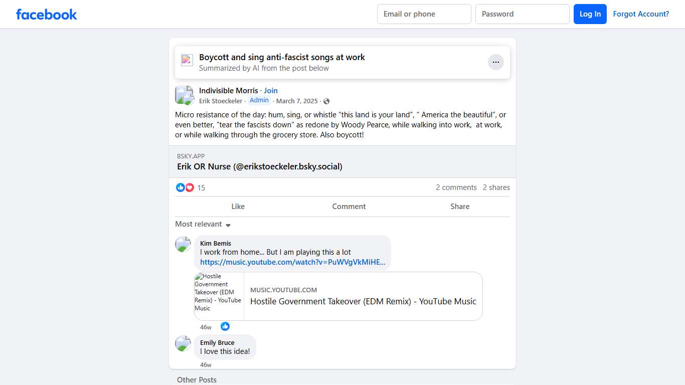 Indivisible Morris Micro resistance of the day: hum, sing, or whistle “this land is your land”, “ America the beautiful”, or even better, ”tear the fascists do... Facebook